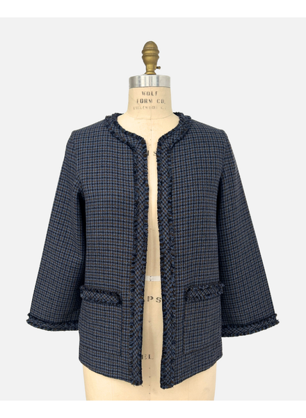 OPEN JACKET WITH POCKETS AND FRINGES EDGES: NAVY PLAID