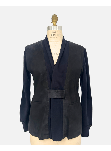SUEDE AND KNIT CARDIGAN W/ BUCKLE, MIDNIGHT BLUE