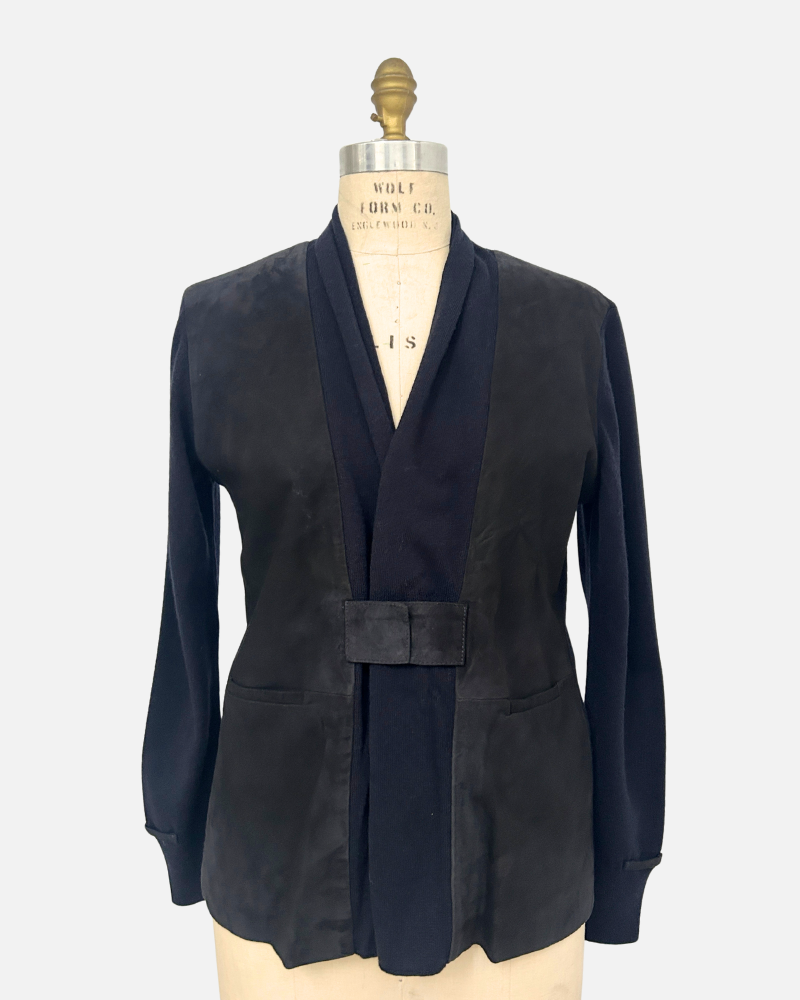 SUEDE AND KNIT CARDIGAN W/ BUCKLE, MIDNIGHT BLUE
