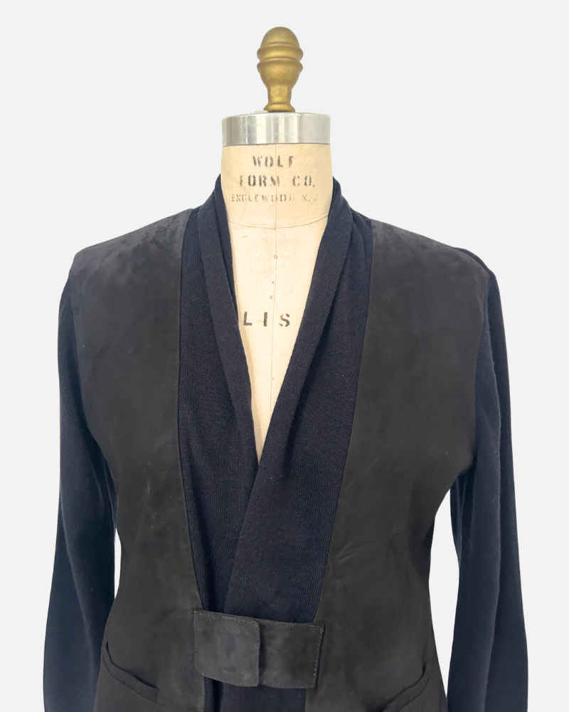 SUEDE AND KNIT CARDIGAN W/ BUCKLE, MIDNIGHT BLUE