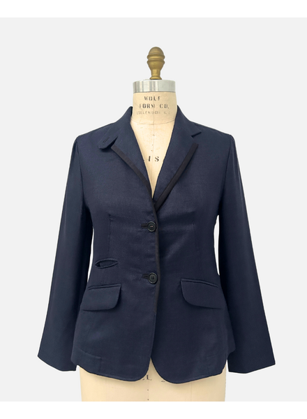 LINEN-SILK-WOOL JACKET WITH ULTRASUEDE: NAVY