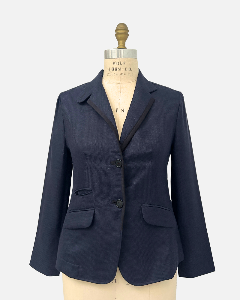 LINEN-SILK-WOOL JACKET WITH ULTRASUEDE: NAVY