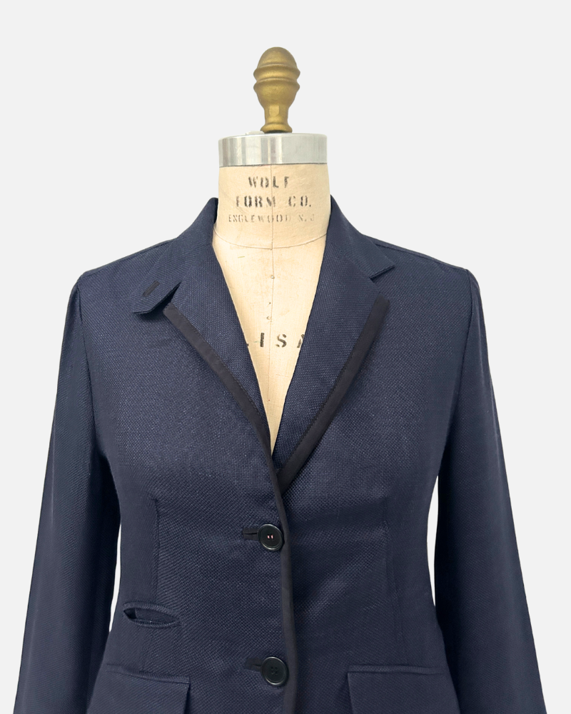 LINEN-SILK-WOOL JACKET WITH ULTRASUEDE: NAVY