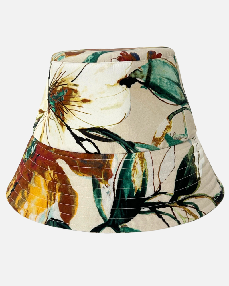 PRINTED SILK BUCKET HAT: SICILY: BEIGE