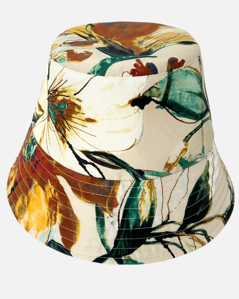 PRINTED SILK BUCKET HAT: SICILY: BEIGE