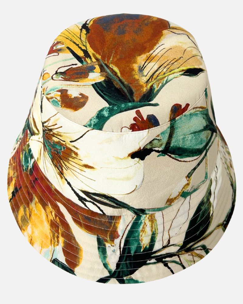 PRINTED SILK BUCKET HAT: SICILY: BEIGE