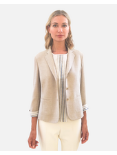 WOOL/SILK/LINEN 3 BUTTON BLAZER W/ STRIPE FABRIC DETAIL: TAUPE