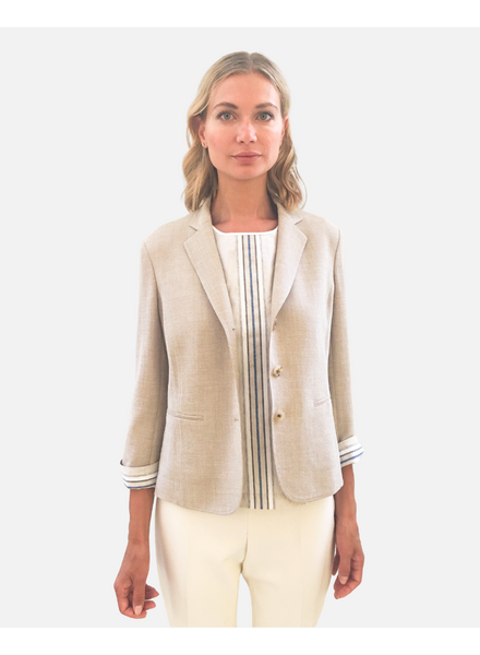 WOOL/SILK/LINEN 3 BUTTON BLAZER W/ STRIPE FABRIC DETAIL: TAUPE