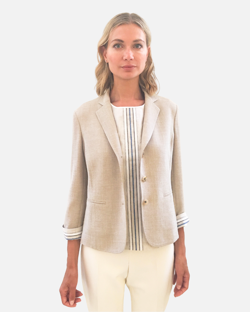 WOOL/SILK/LINEN 3 BUTTON BLAZER W/ STRIPE FABRIC DETAIL: TAUPE