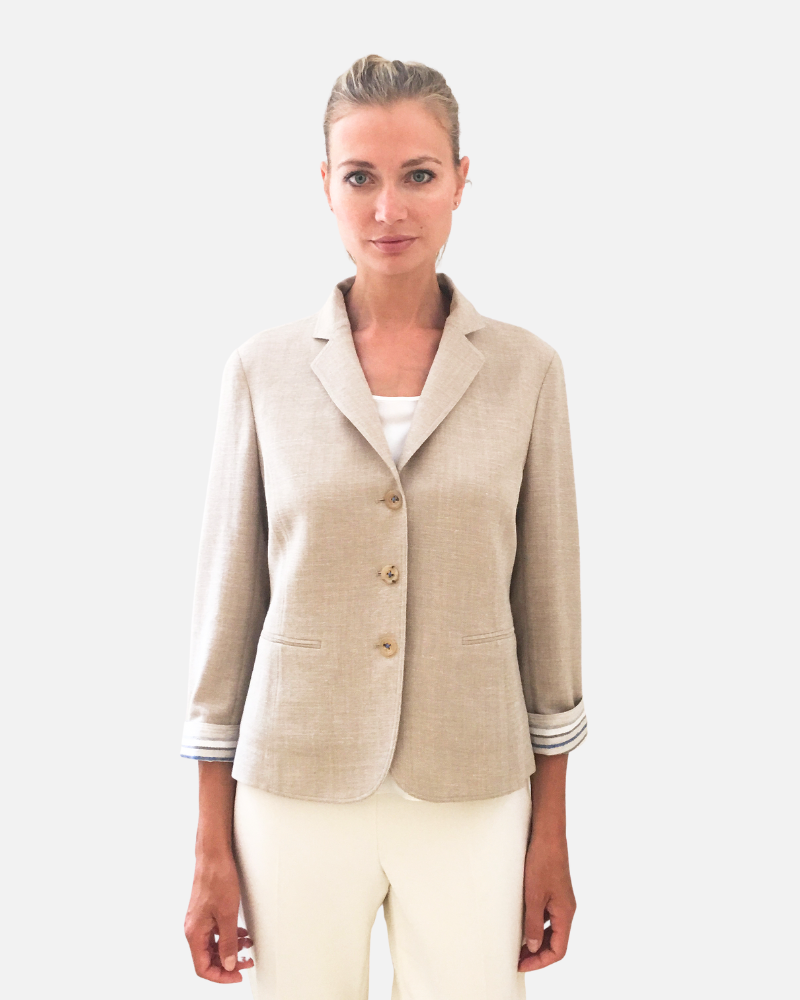 WOOL/SILK/LINEN 3 BUTTON BLAZER W/ STRIPE FABRIC DETAIL: TAUPE