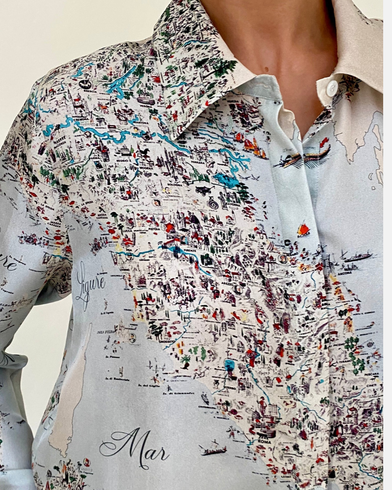 100% SILK PRINTED SHIRT: ITALY: BLUE