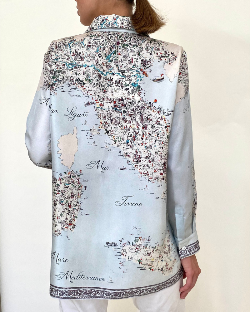 100% SILK PRINTED SHIRT: ITALY: BLUE