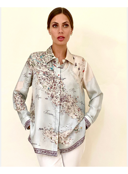 COLLARED SILK PRINTED SHIRT: ITALY: BLUE