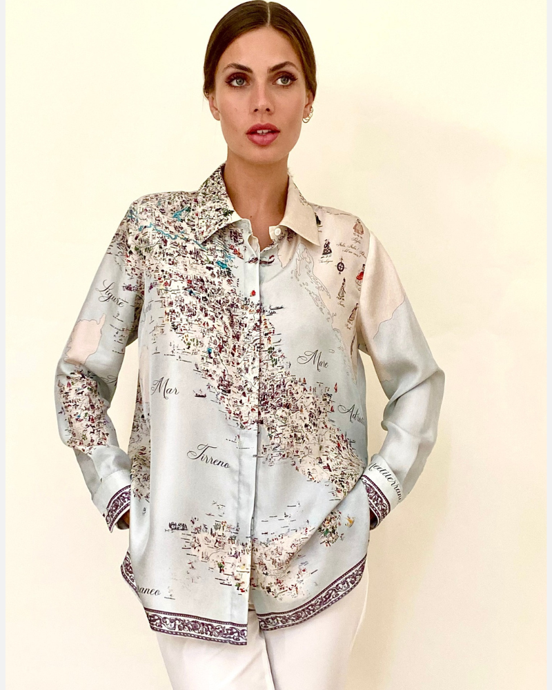 100% SILK PRINTED SHIRT: ITALY: BLUE
