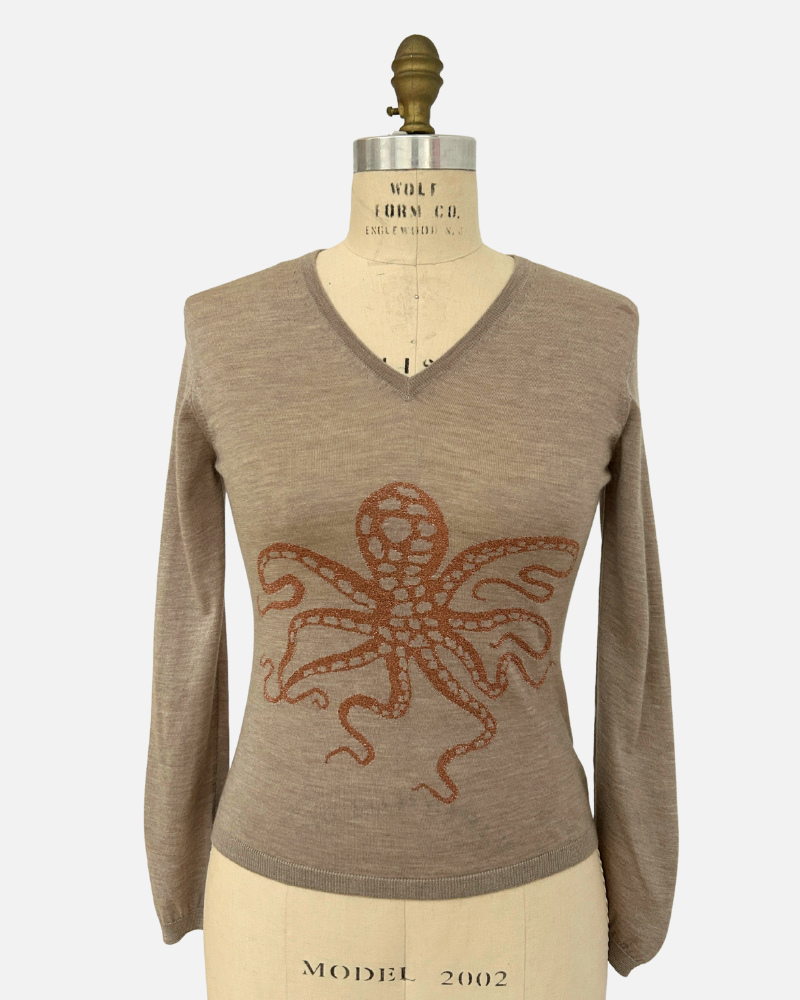 V NECK WITH LUREX: OCTOPUS: TAUPE