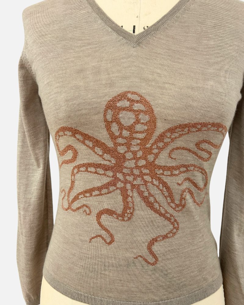 V NECK WITH LUREX: OCTOPUS: TAUPE