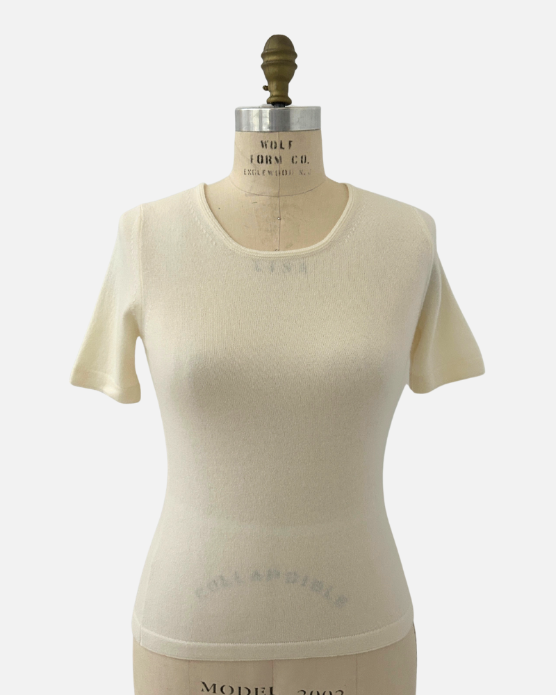 CASHMERE MIDDLE SLEEVES CREWNECK TOP: WHITE