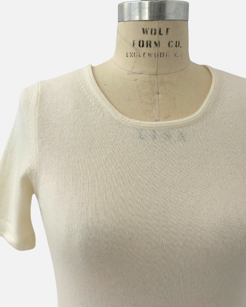 CASHMERE MIDDLE SLEEVES CREWNECK TOP: WHITE