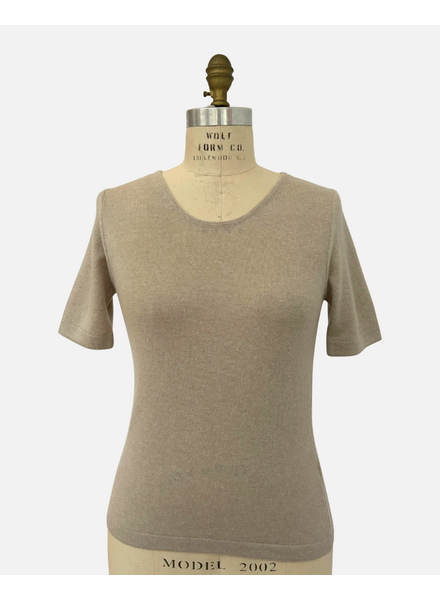 CASHMERE MIDDLE SLEEVES CREWNECK TOP: BEIGE