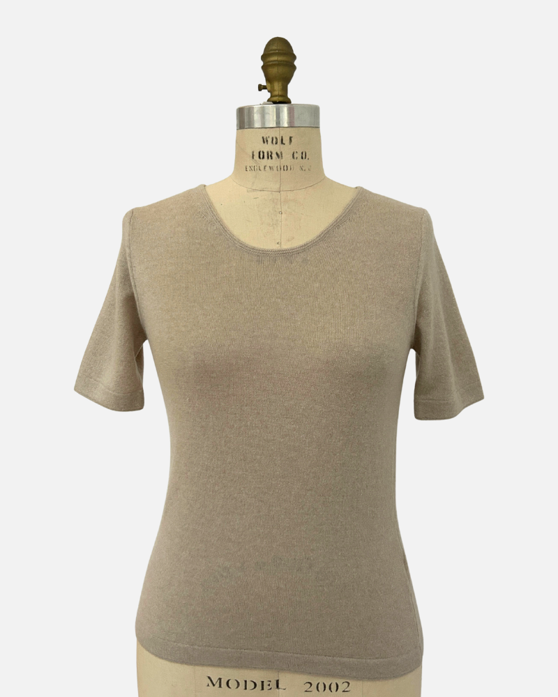CASHMERE MIDDLE SLEEVES CREWNECK TOP: BEIGE