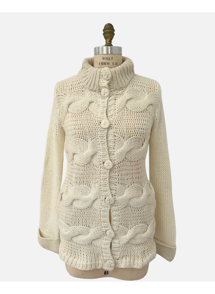 HAND MADE KNITTED CASHMERE CABLE SWEATER W/ BRAIDED DETAILS, IVORY,