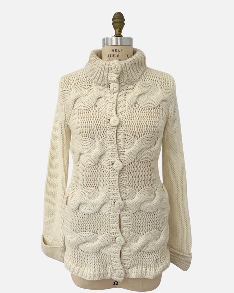 HAND MADE KNITTED CASHMERE CABLE SWEATER W/ BRAIDED DETAILS, IVORY,
