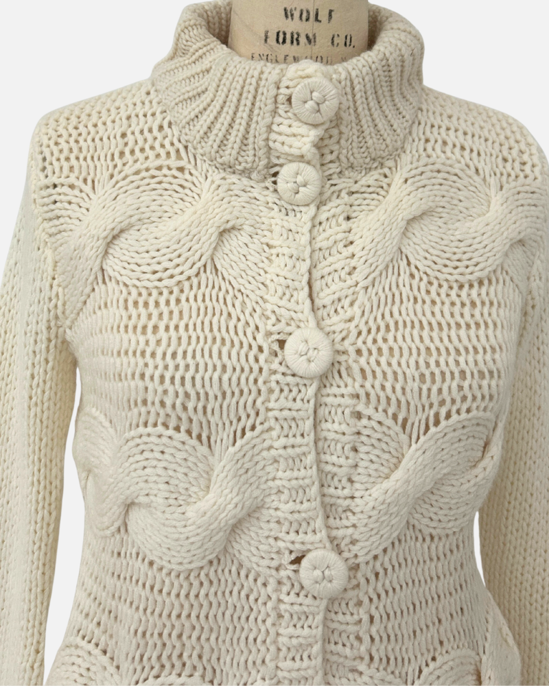 HAND MADE KNITTED CASHMERE CABLE SWEATER W/ BRAIDED DETAILS, IVORY,