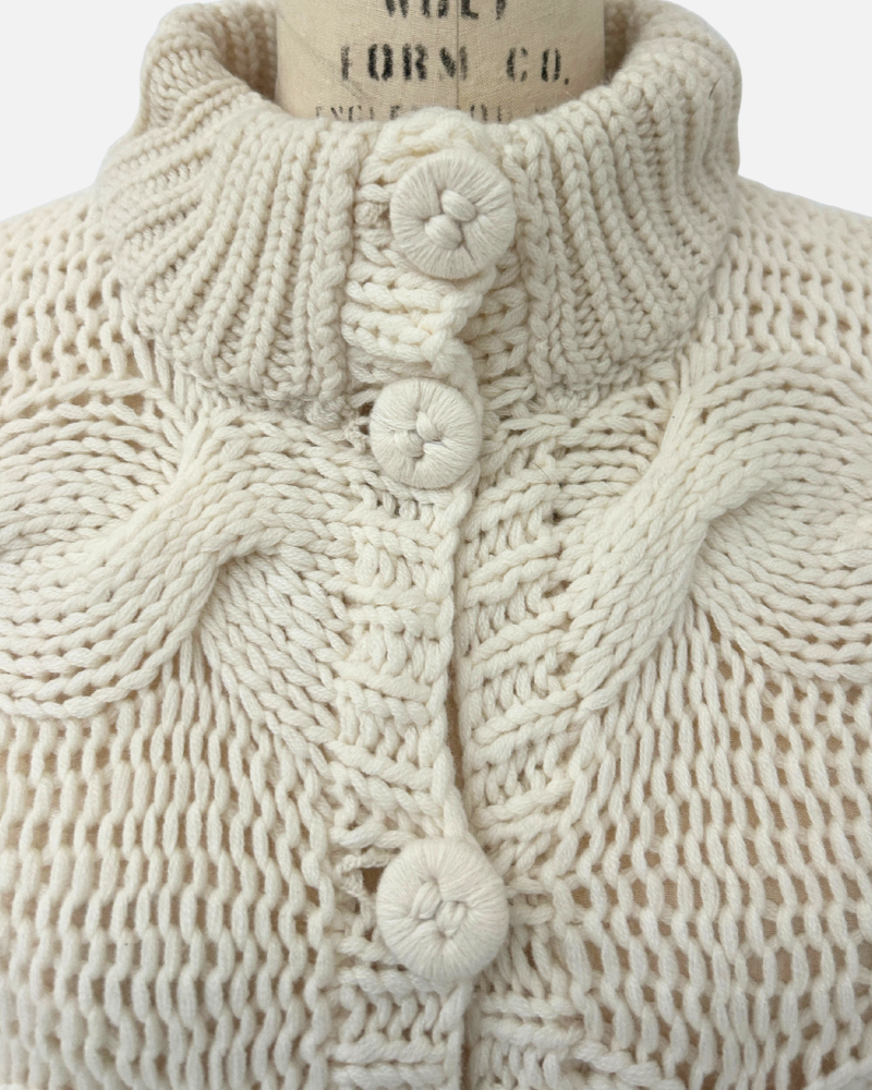 HAND MADE KNITTED CASHMERE CABLE SWEATER W/ BRAIDED DETAILS, IVORY,