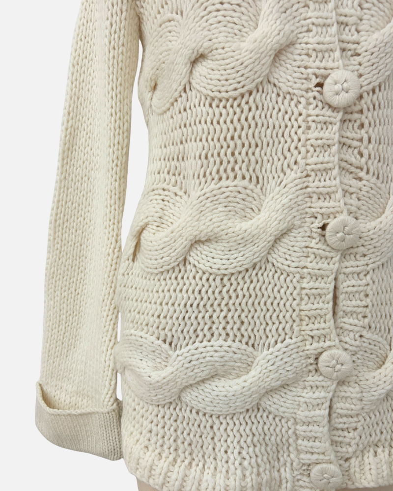 HAND MADE KNITTED CASHMERE CABLE SWEATER W/ BRAIDED DETAILS, IVORY,