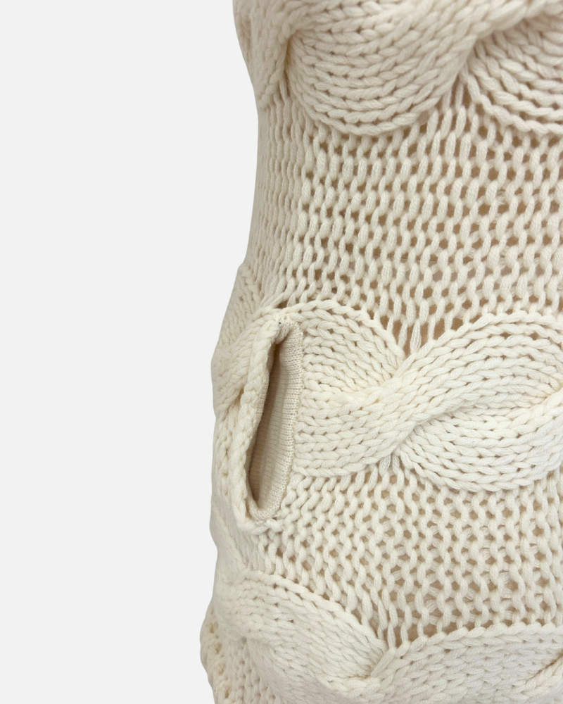 HAND MADE KNITTED CASHMERE CABLE SWEATER W/ BRAIDED DETAILS, IVORY,