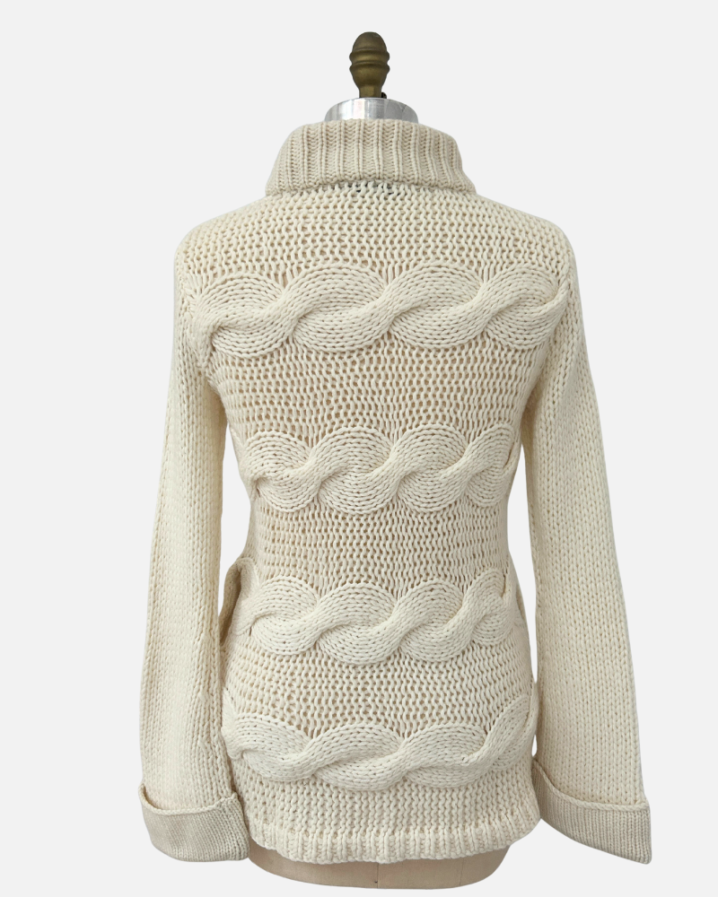 HAND MADE KNITTED CASHMERE CABLE SWEATER W/ BRAIDED DETAILS, IVORY,