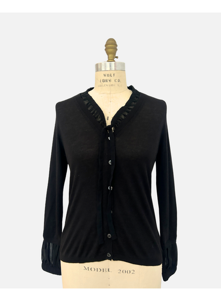 CARDIGAN WITH SILK RUFFLE INSET: BLACK: LARGE SUPERFINE CASHMERE
