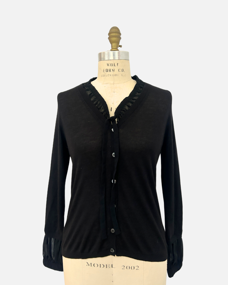 CARDIGAN WITH SILK RUFFLE INSET: BLACK: LARGE SUPERFINE CASHMERE