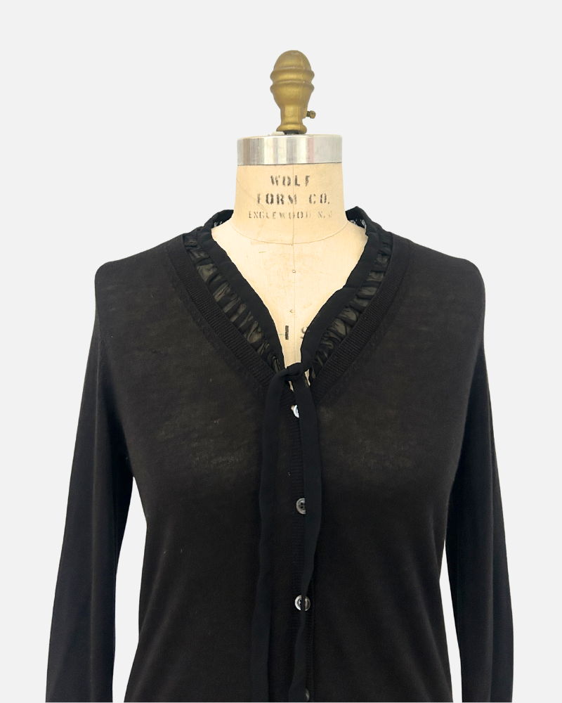 CARDIGAN WITH SILK RUFFLE INSET: BLACK: LARGE SUPERFINE CASHMERE