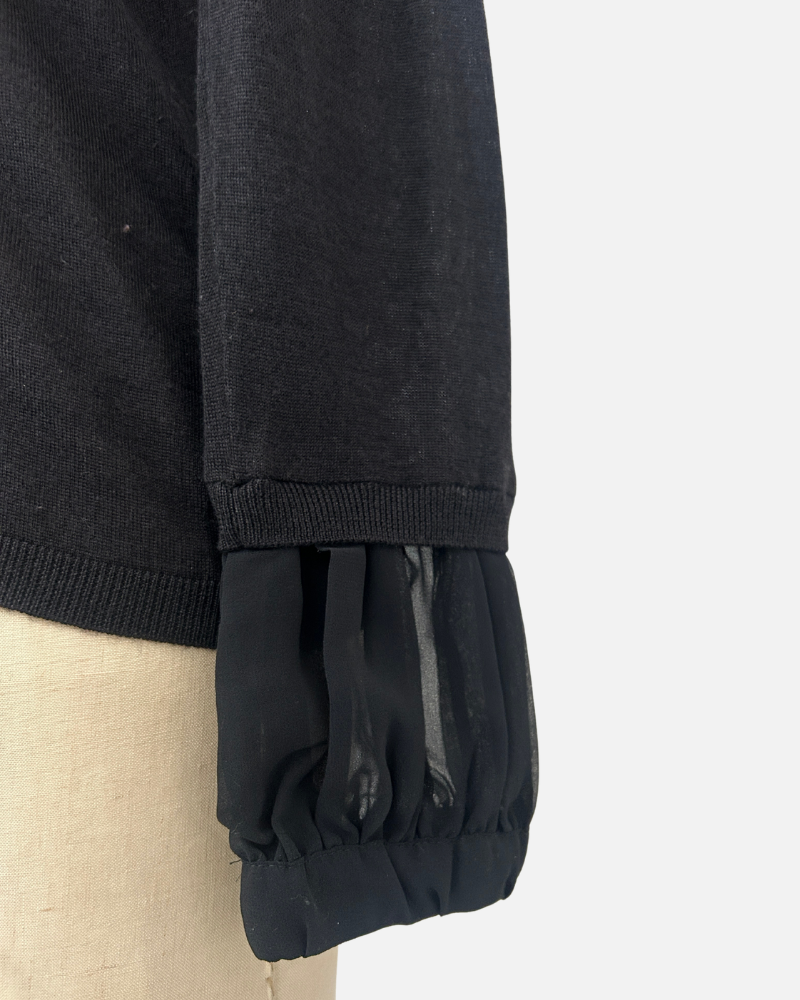 CARDIGAN WITH SILK RUFFLE INSET: BLACK: LARGE SUPERFINE CASHMERE