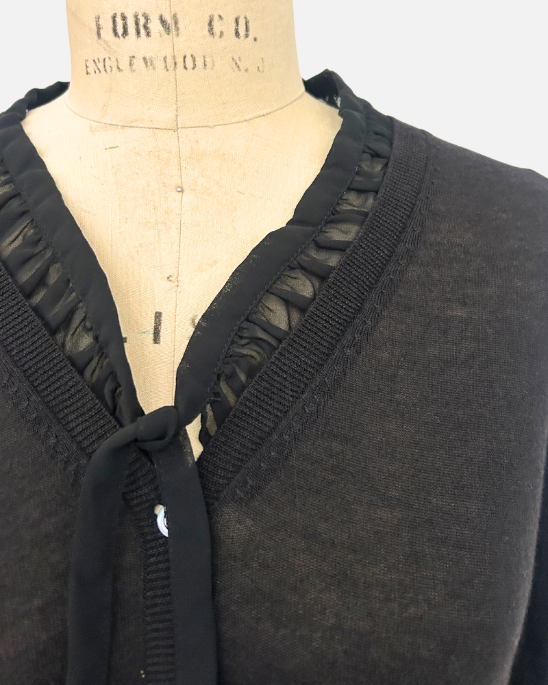 CARDIGAN WITH SILK RUFFLE INSET: BLACK: LARGE SUPERFINE CASHMERE