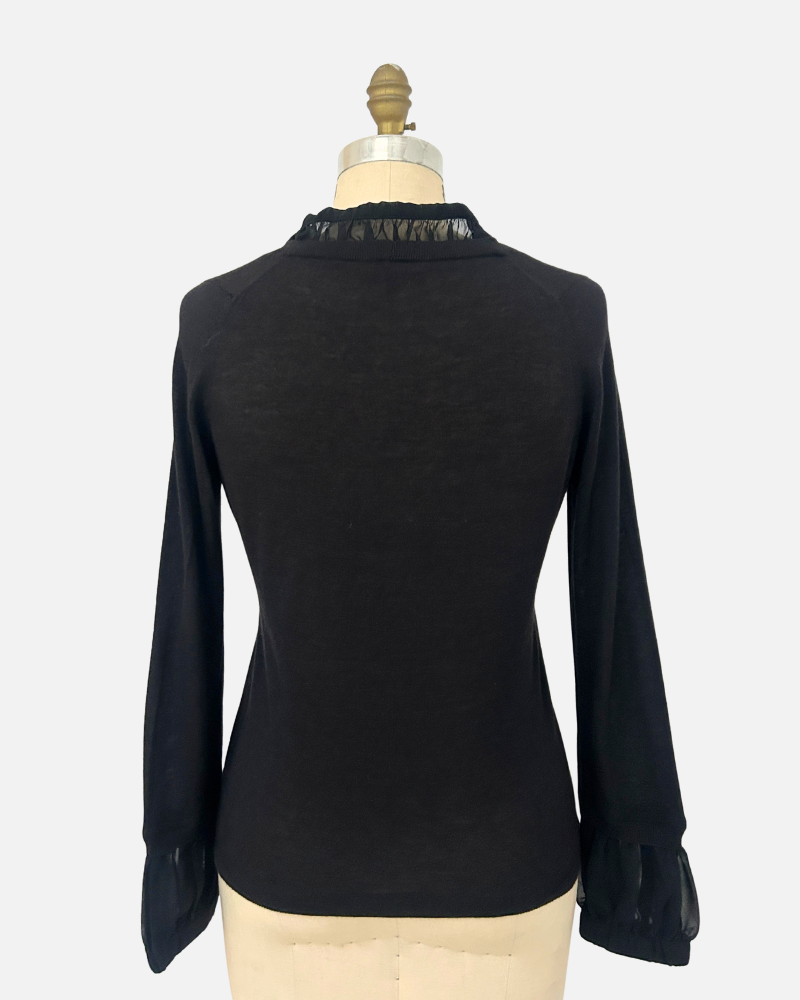 CARDIGAN WITH SILK RUFFLE INSET: BLACK: LARGE SUPERFINE CASHMERE