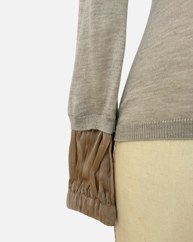 CARDIGAN WITH SILK RUFFLE INSET: BEIGE: SMALL SUPERFINE CASHMERE