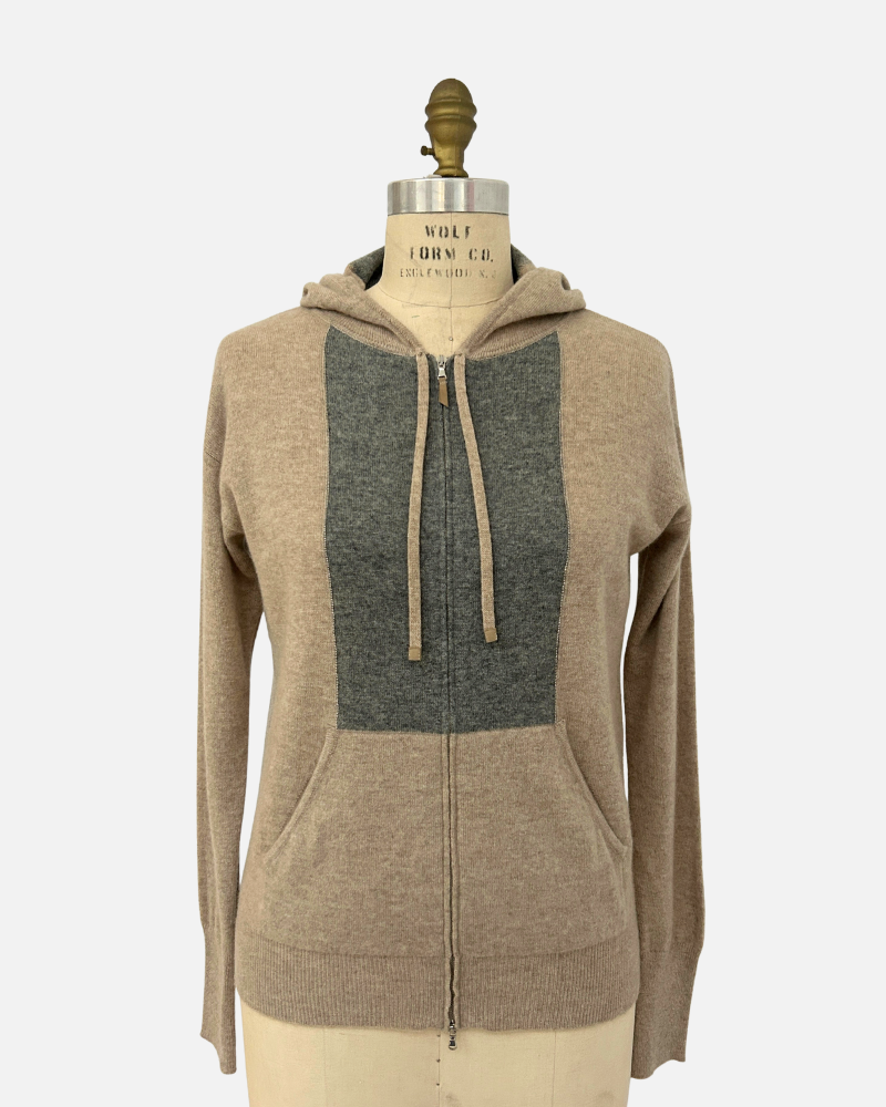 ZIP SWEATER WITH CHAIN INSET: BROWN-GRAY: SUPERFINE CASHMERE