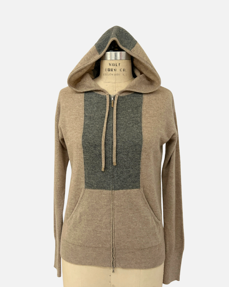 ZIP SWEATER WITH CHAIN INSET: BROWN-GRAY: SUPERFINE CASHMERE