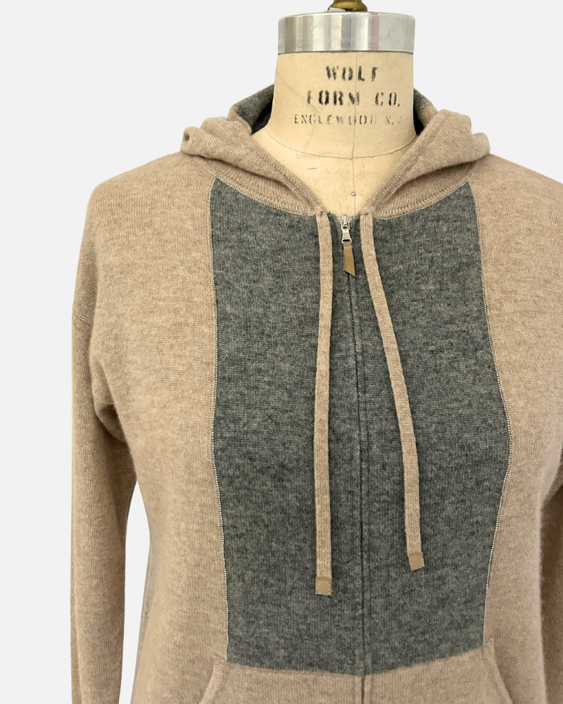 ZIP SWEATER WITH CHAIN INSET: BROWN-GRAY: SUPERFINE CASHMERE