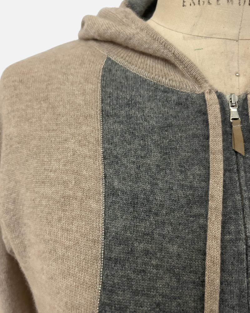 ZIP SWEATER WITH CHAIN INSET: BROWN-GRAY: SUPERFINE CASHMERE