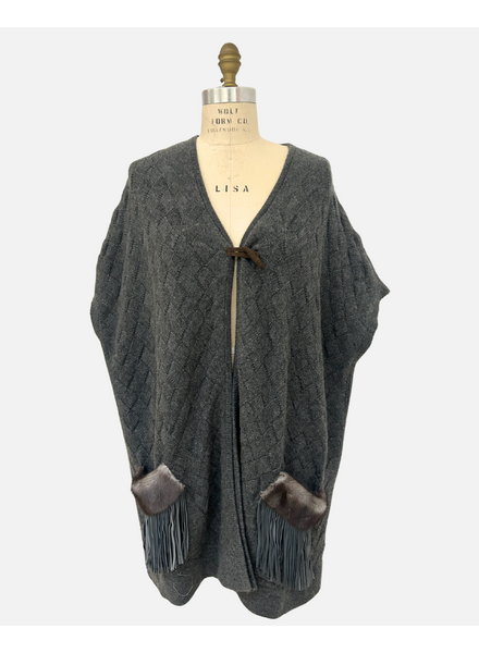 TEXTURED KNIT CAPE WITH FUR-TRIM POCKETS & FRINGE: CHARCOAL