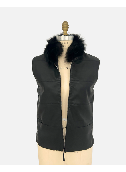 LEATHER VEST WITH FOX COLLAR AND CASHMERE BLACK