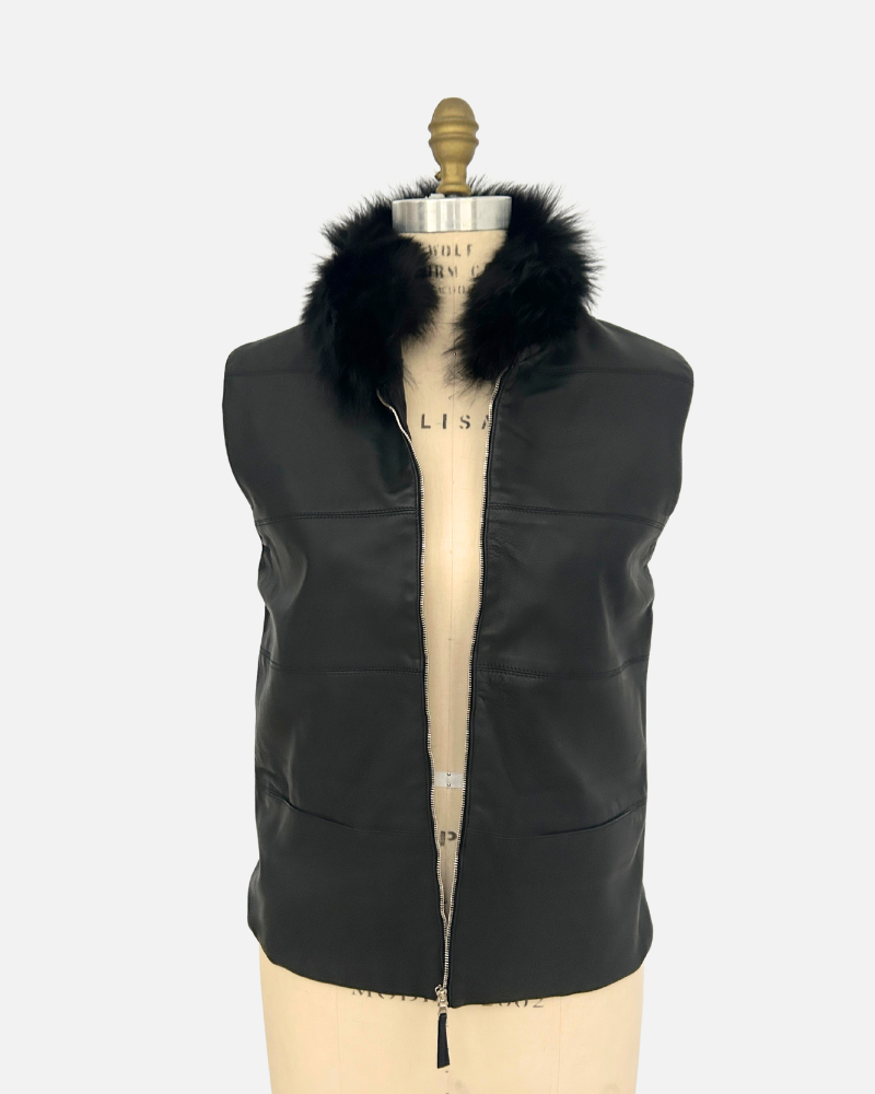 LEATHER VEST WITH FOX COLLAR AND CASHMERE BLACK