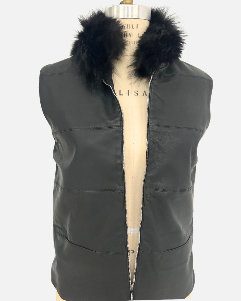 LEATHER VEST WITH FOX COLLAR AND CASHMERE BLACK