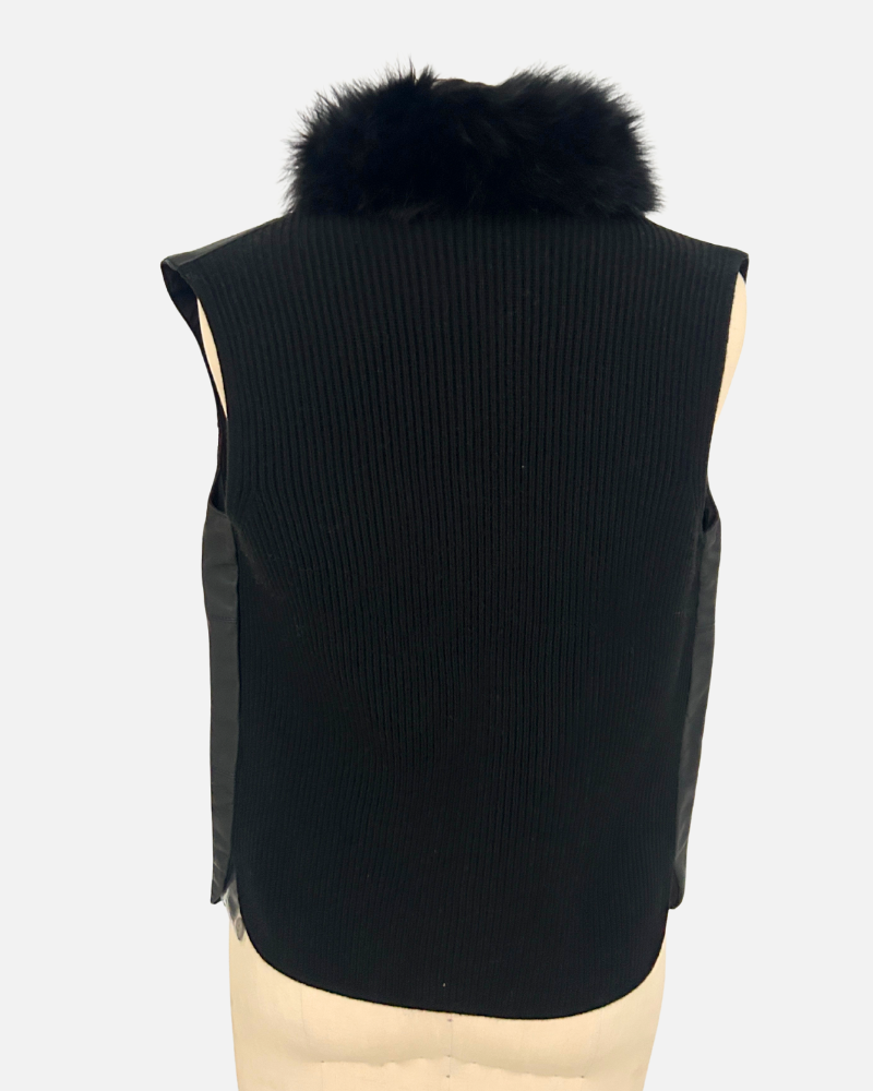 LEATHER VEST WITH FOX COLLAR AND CASHMERE BLACK