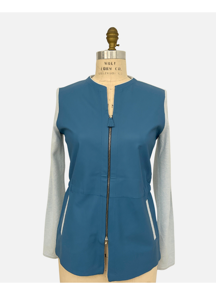 LEATHER FRONT JACKET: LIGHT BLUE