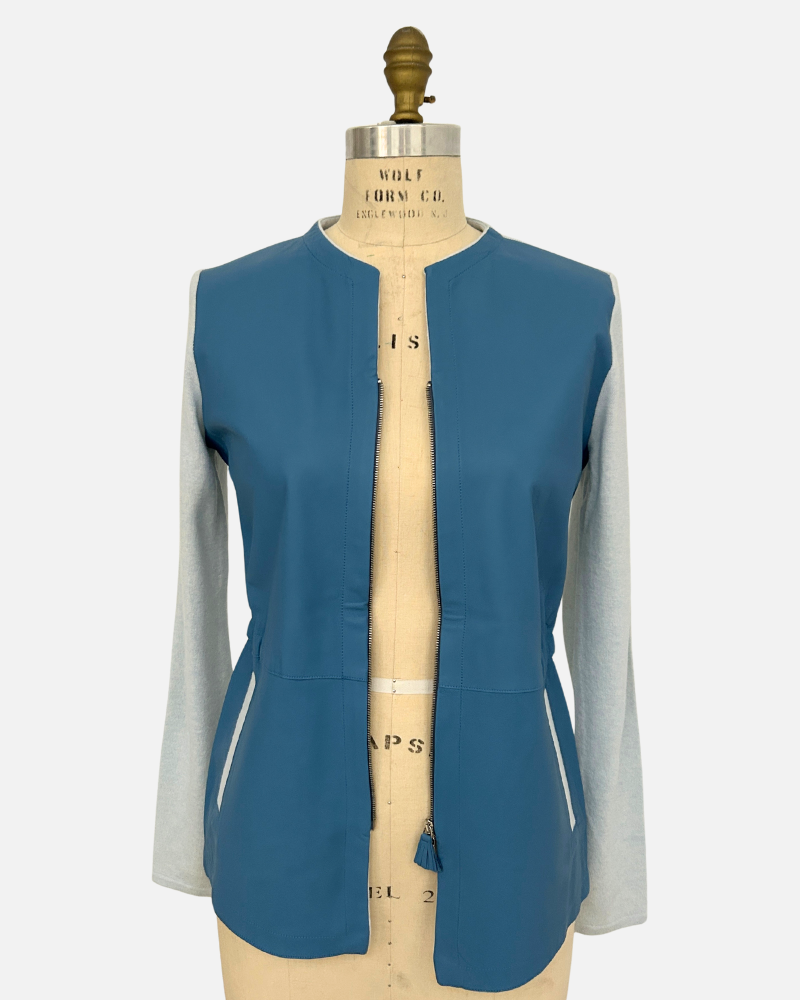 LEATHER FRONT JACKET: LIGHT BLUE