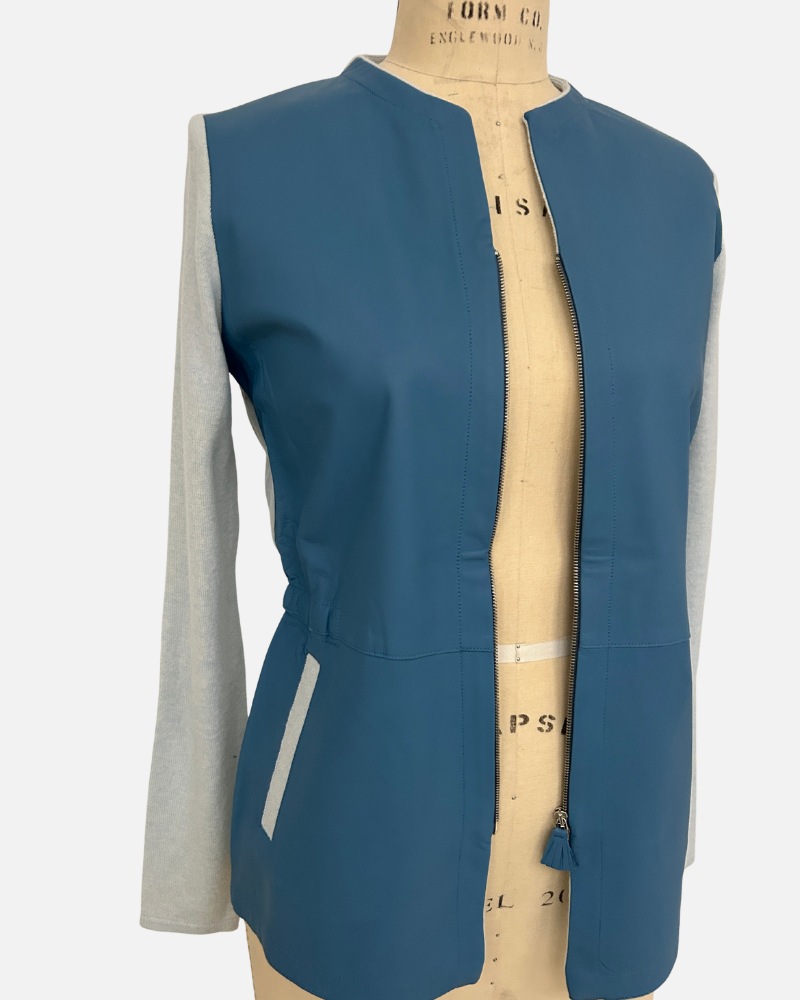 LEATHER FRONT JACKET: LIGHT BLUE